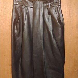 Elie Tahari Dark Brown Faux Leather Pencil Skirt with Front Pleat